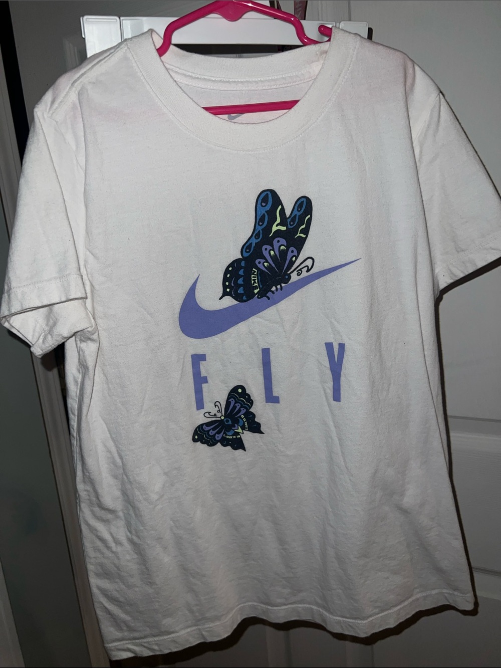 Nike White Tee with Lavender Swoosh & Butterfly Graphic